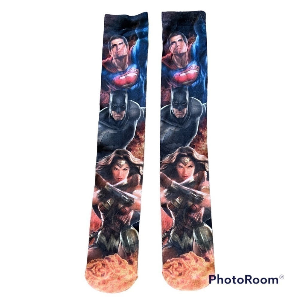 superhero Knee socks, size 16, Superman Batman Wonder Woman, blue red orange.